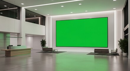 Spacious and modern office lobby interior featuring a large blank green screen on the wall, ideal for mockups and presentations.