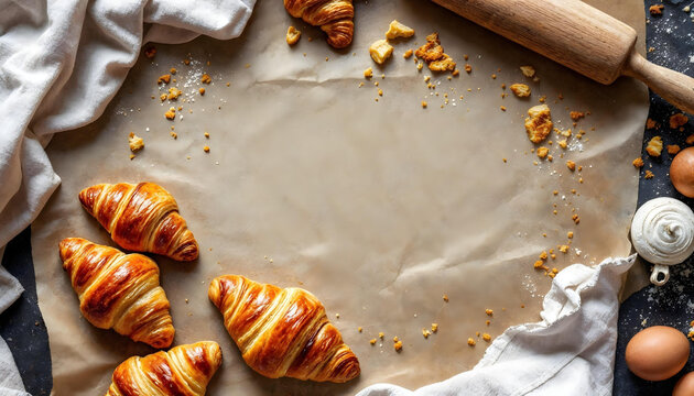 Flat lay photo of freshly baked croissants on parchment paper with crumbs scattered, surrounded by rustic kitchen tools like wooden rolling pin and linen towel. Natural warm light, no people, top view - Powered by Adobe