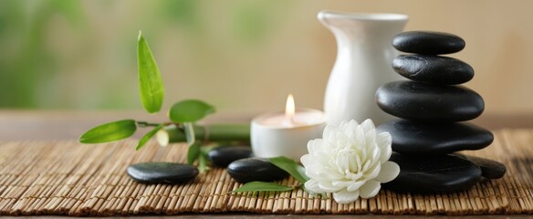 The serene arrangement of stones and a candle for relaxation and wellness.