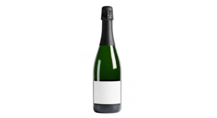 Green glass champagne bottle with blank label isolated on transparent background