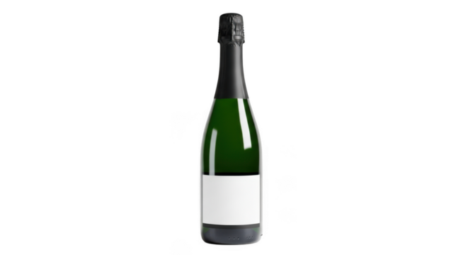 Green glass champagne bottle with blank label isolated on transparent background