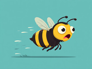 Obraz premium A whimsical illustration captures a cartoon bee in mid-flight, buzzing with a comical expression and dynamic energy against a clean blue backdrop.