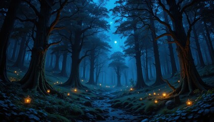 Close up Enchanted Forest at Night with Glowing Will