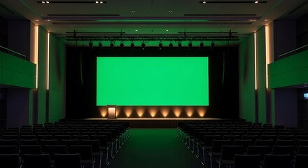 Awaiting a major presentation on an empty stage featuring a large green chroma key screen in a modern conference hall.