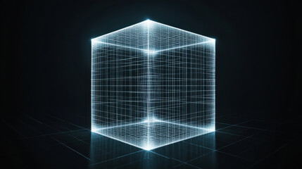 3D wireframe cube illuminated in a dark environment with glowing edges and grid patterns