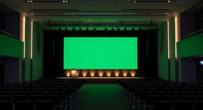 Awaiting a major presentation on an empty stage featuring a large green chroma key screen in a modern conference hall.