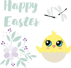 Happy Easter. Chicken in eggshell, flowers and Happy Easter inscription on white background. For banners, cards, social networks. Vector