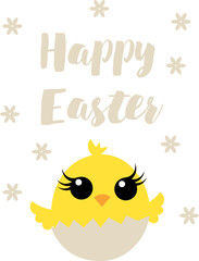 Happy Easter. Chicken in eggshell and Happy Easter inscription on white background. For banners, cards, social networks. Vector