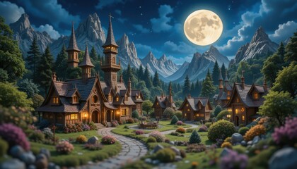 Close up Enchanted Miniature Village Under Moonlit Sky