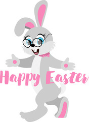Happy Easter. Easter bunny with glasses and the inscription "Happy Easter" on a white background. For banners, cards, social networks. Vector