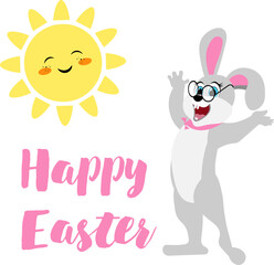 Happy Easter. Sun, Easter bunny and Happy Easter inscription on white background. For banners, cards, social networks. Vector