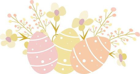 Happy Easter. Easter eggs and flowers on a white background. For banners, cards, social networks. Vector