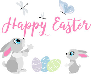 Happy Easter. Easter bunnies mother and baby with butterfly on white background. For banners, cards, social networks. Vector