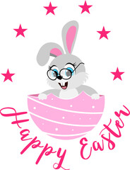Happy Easter. Easter bunny with glasses sits in eggshell with "Happy Easter" written on it. For banners, cards, social networks. Vector