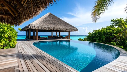 Luxurious Tropical Resort with Infinity Pool, Ocean View, and Thatched Roof Gazebo