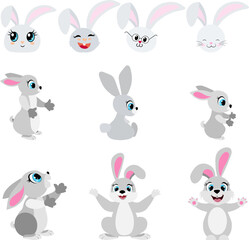 Cute animals. Set of cute cartoon rabbits. Cute rabbits in different poses. For banners, cards, social networks. Vector