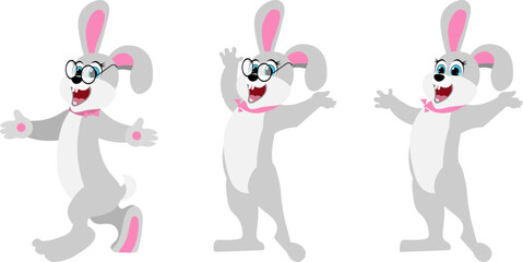 Cute animals. Set of cute cartoon rabbits. Cute rabbit with glasses in different poses.
