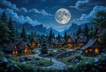 Close up Enchanted Miniature Village Under Moonlit Sky