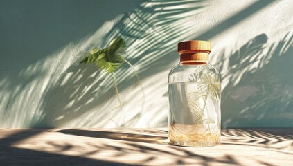 Obraz premium Clear glass bottle with light brown wooden cap, filled with liquid and plant elements, sits on a light-colored wooden surface, under sunlight, creating shadows of palm leaves