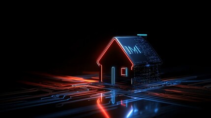 Smart Home Future - Neon house icon glowing on circuit board, representing smart home technology and the internet of things