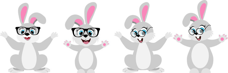 Cute animals. Set of cute cartoon rabbits. A cheerful gray rabbit in glasses sits in different poses. For banners, cards, social networks. Vector