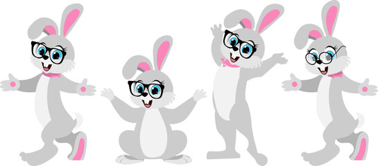 Cute animals. Set of cute cartoon rabbits. Cheerful gray rabbit with glasses in different poses. For banners, cards, social networks.
