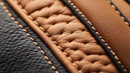 Close-up of textured leather with intricate stitching in brown and black tones, showcasing detailed craftsmanship.