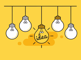 Set of hanging light bulbs with one glowing. Trendy flat vector light bulb icons with concept of idea on yellow background.