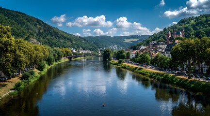 Fototapeta premium Tranquil River Valley Under Beautiful Azure Sky