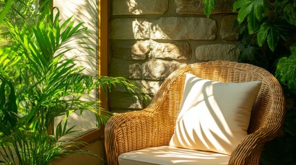 Sunlit Rattan Chair in Garden Room - Relaxing rattan chair bathed in sunlight, nestled amongst lush greenery near a stone wall. Symbolizing peace, tranquility, comfort, nature, and serenity