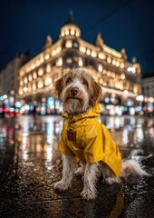 Adorable dog in a yellow raincoat sitting on a wet city street at night, with a grand building and blurred lights in the background