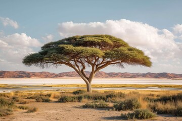 acacia tree in the middle of a flat savannah, with salt marshes and desert hills stretching out into the distance