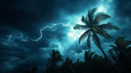 Tropical Storm with Lightning and Palm Trees - Dramatic of a lightning strike during a tropical storm, with rain falling on palm trees