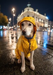 Adorable dog in a yellow raincoat sitting on a wet city street at night, with a grand building and blurred lights in the background