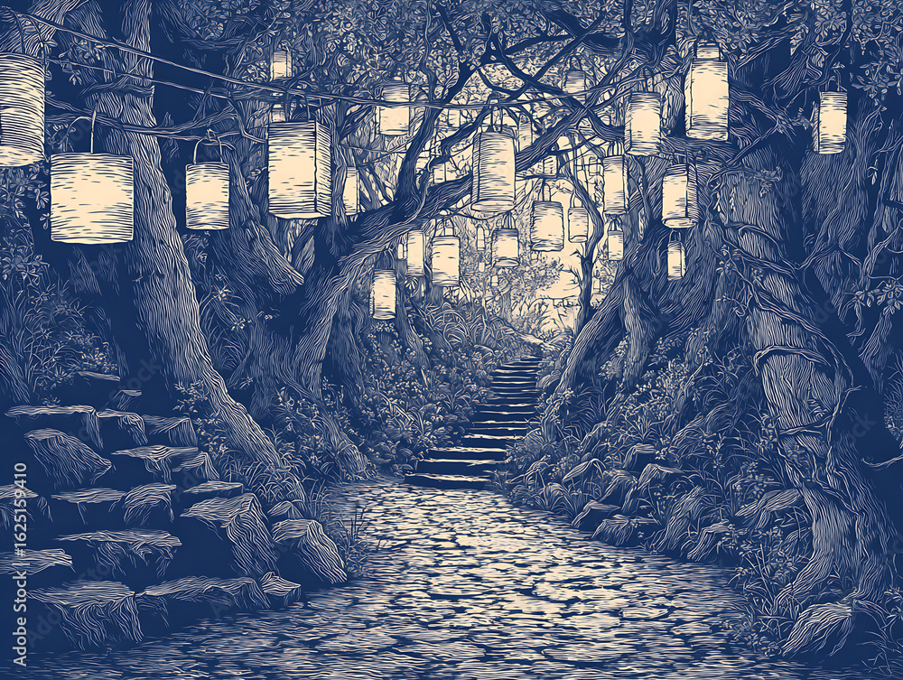 Poster a mystic pathway through a moonlit forest adorned with enchanting lanterns, creating a sense of wond