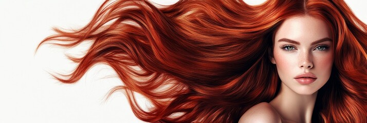 Fototapeta premium Vibrant Red Hair Beauty - Stunning model with long, flowing vibrant red hair. Perfect for beauty, hair care, and fashion
