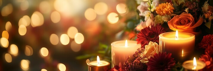 Warm Remembrance Candles and Flowers - Glowing candles surrounded by autumnal flowers create a peaceful and comforting scene, perfect for sympathy or remembrance