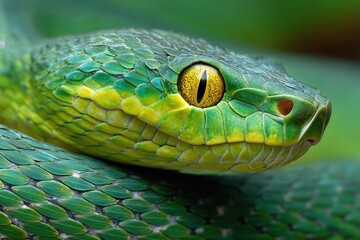 Close-up of a green snake with detailed scales and striking yellow eyes, showcasing its natural beauty and intense gaze