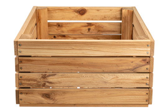 Empty Rustic Wooden Crate with Slatted Sides, isolated on transparent background
