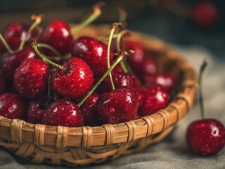 Close-up of freshly picked red cherries in a rustic woven basket
