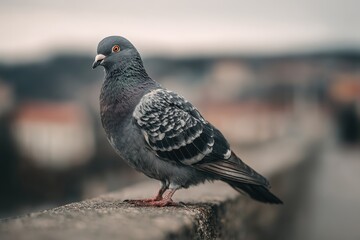 close-up of the full body of a pigeon in the city, sitting on a concrete wall with a blurred background