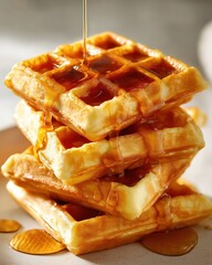 Golden waffles stacked high, dripping with glossy syrup on a neutral beige background. Perfectly crisp and mouthwatering