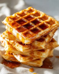 Golden waffles stacked high, dripping with glossy syrup on a neutral beige background. Perfectly crisp and mouthwatering