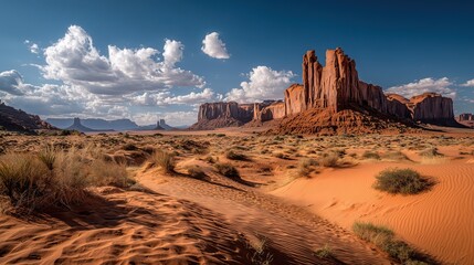 Stunning desert view with towering sandstone buttes, rippled sand dunes, and a vast blue sky with scattered clouds