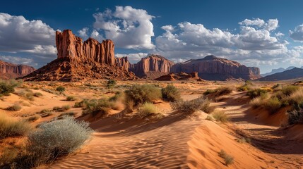 Stunning desert view with towering sandstone buttes, rippled sand dunes, and a vast blue sky with scattered clouds