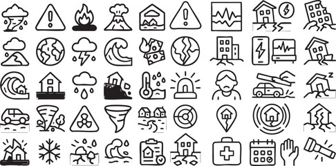 A collection of black and white line icons representing various natural disasters, weather events, and emergency situations.