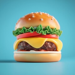 vibrant  cheeseburger with lettuce, tomato, cheese, and a beef patty, set against a clean blue background