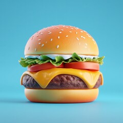 vibrant  cheeseburger with lettuce, tomato, cheese, and a beef patty, set against a clean blue background