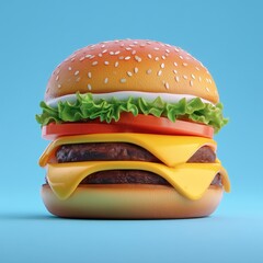 vibrant  cheeseburger with lettuce, tomato, cheese, and a beef patty, set against a clean blue background