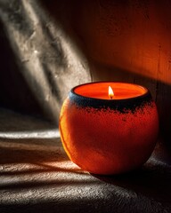 warm, glowing candle in an orange holder on a textured surface, with dramatic lighting and shadows creating a cozy ambiance